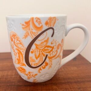 Pier 1 Monogram Cursive ’C’ Mug Peach Damask Floral Design. AVA pattern.